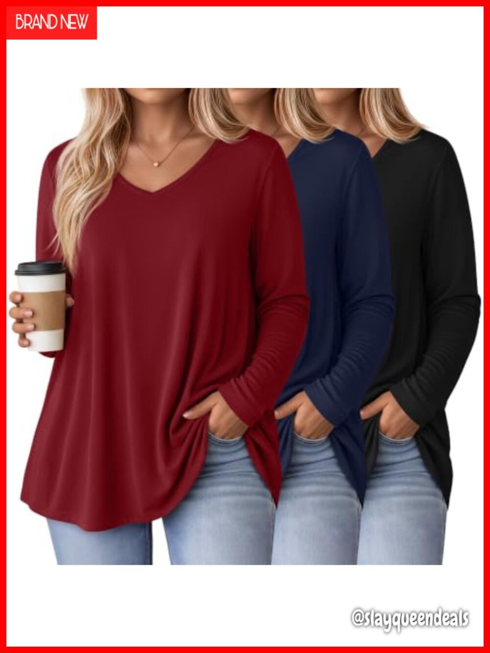 Plus Size Tunic Tops 3 Pack Long Sleeve V Neck Tee Loose Fit Fall